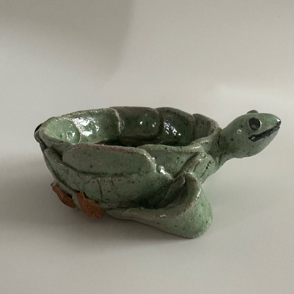 Antigua Pottery Signed Turtle Sculpture Bowl - Green Candy Trinket Bowl Reptile